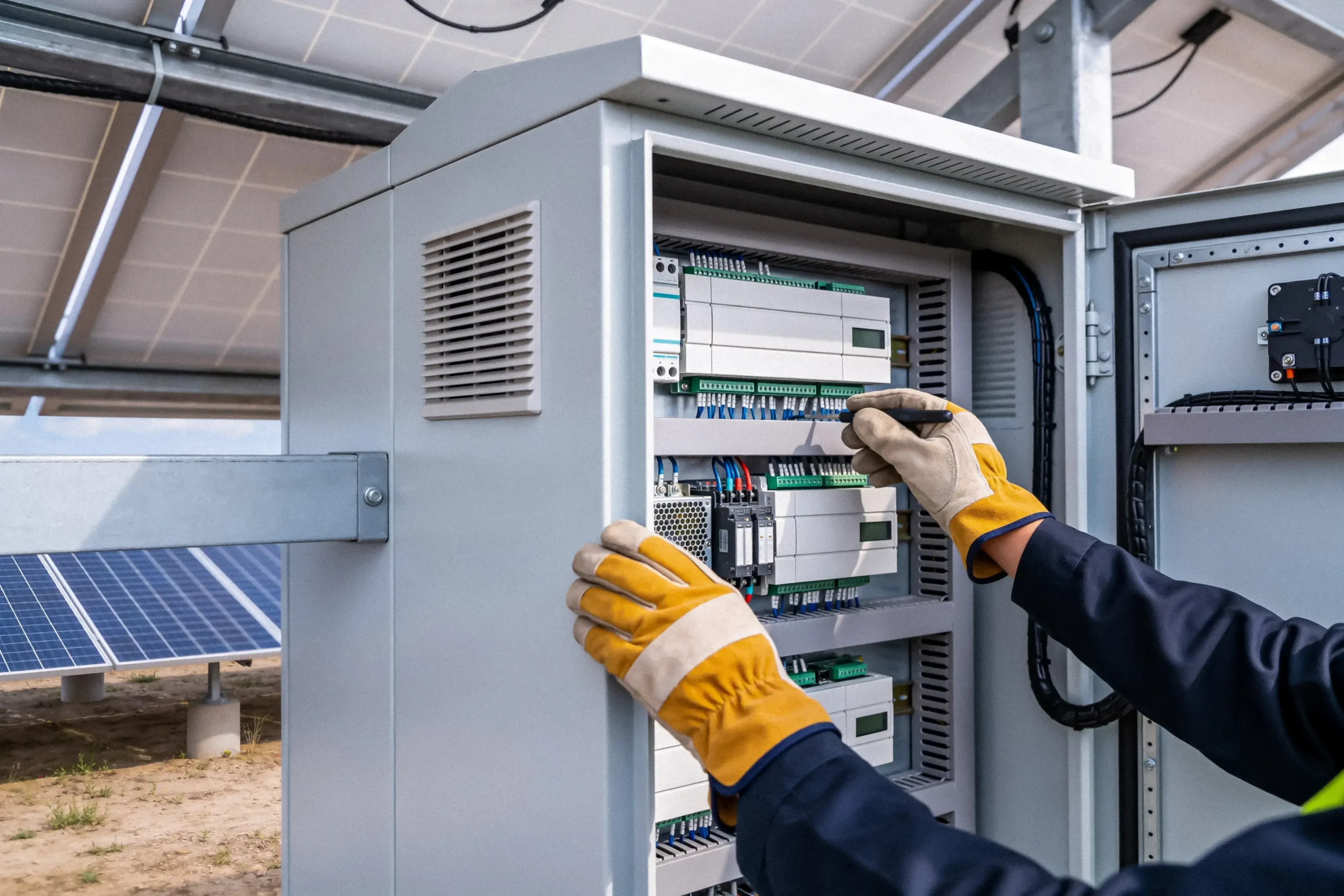 Technician working on a building energy management cabinet